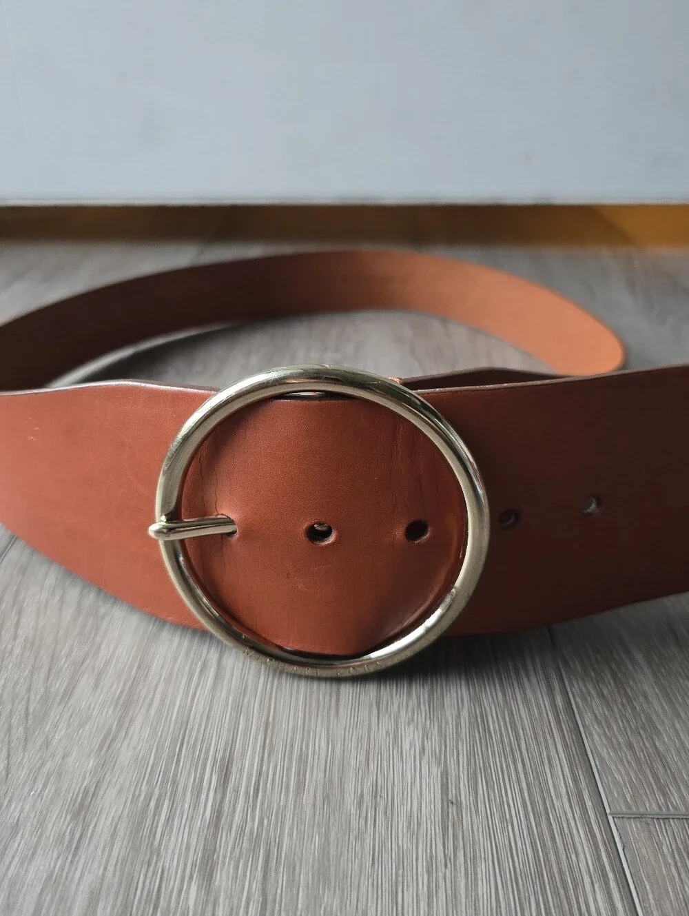 MICHAEL Michael Kors Cognac Wide Leather Belt Round Silver Buckle Sz Large